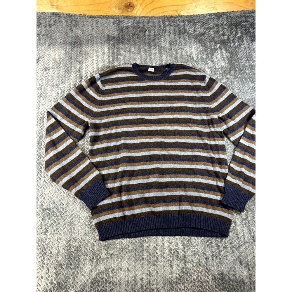 GAP Sweater Men XL Blue Brown Horizontal Striped Knit Cotton Crew Neck Outerwear